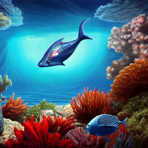 Image similar to vanishing perspective view of an alien fish swimming on the ocean bed, deep blue ocean color, some plant life, alien landscape, cinematic perspective, cinematic lighting, matte painting, detailed, sci - fi