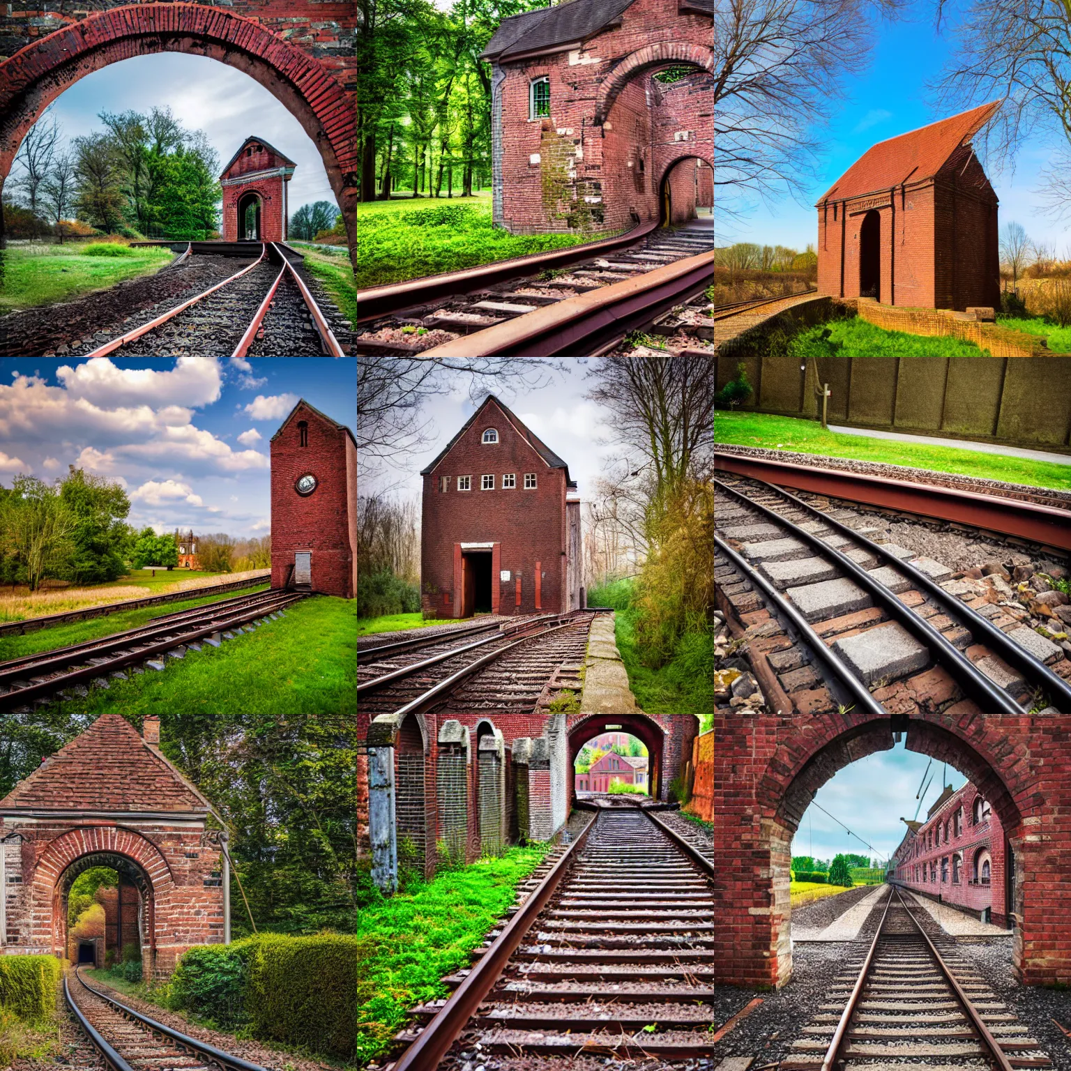 Prompt: an old brick gatehouse with a train track going through it - stock image, a stock photo by schelte a bolswert, shutterstock, symbolism, stockphoto, colorized, stock photo