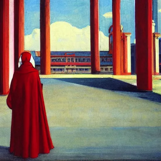 Prompt: praying nun in red clothes staying in the middle of abandoned huge temple, by Edward Hopper