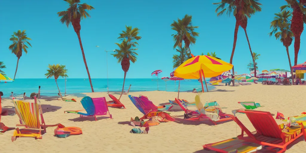 Prompt: a film still of a sunny and colourful beach scene in santa monica, los angelos by wes anderson, wide shot, sharp, rendered in unreal engine 5, bloom, dramatic lighting