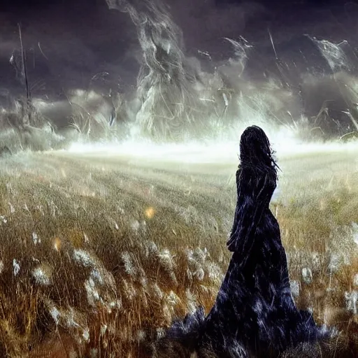 Image similar to The digital art depicts a woman standing in a field of ashes, her dress billowing in the wind. Her hair is wild and her eyes are closed, and she seems to be in a trance-like state. The digital art is dark and atmospheric, and the ashes in the field seem to be almost alive, swirling around. cyberpunk by Klaus Wittmann apocalyptic