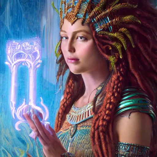 Image similar to octane render, artstation, 8 k, intricate detail, hyper detail, portrait by gaston bussiere, greg rutkowski, sandro botticelli, tan lady of elche, egyptian sumerian features, techno mystic goddess princess intergalactica inanna with aqua neon rapunzel dreadlocks,