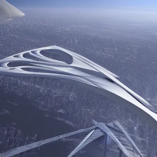 Prompt: Zaha Hadid fly in the sky in his fantasy world design by Zaha unreal engine vray