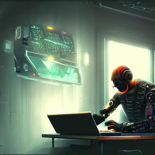 Image similar to realistic successful man typing on laptop in gaming room, artstation trends, cyberpunk concept art, highly detailed, intricate, sharp focus, digital art, 8 k