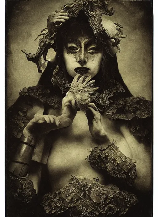 Image similar to old wetplate daguerreotype beautiful demon, explosion of data fragments, fractal, intricate, elegant, highly detailed, parallax, leica, medium format, subsurface scattering, by jheronimus bosch and greg rutkowski and louis jacques mande daguerre