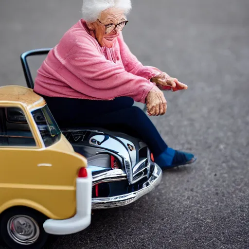 Image similar to elderly woman as a toy car, canon eos r 3, f / 1. 4, iso 2 0 0, 1 / 1 6 0 s, 8 k, raw, unedited, symmetrical balance, wide angle