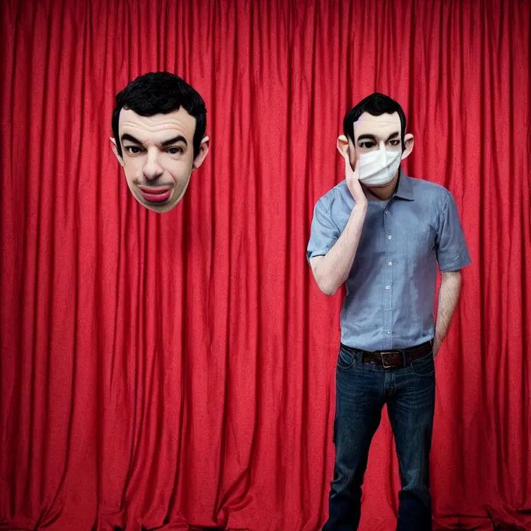 Prompt: focused dslr medium shot photograph of nathan fielder from nathan for you on comedy central wearing a paper mache mask of nathan fielder's face on a stage with a red curtain, meta, fractal, trippy, high detail!!! 8 k!!!!, photorealism!!!, sharp focus!!! coherent!!!