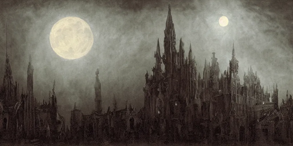 Image similar to dark fantasy matte painting of a city-size screaming pipe organ with teeth, moonlit night, evil godrays, fog, smoke, dark stormy weather by beksinsky and Goya, fine detail