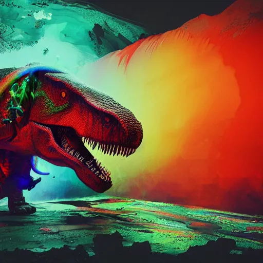 Prompt: t - rex drinking a giant ipa, intricate complexity, inverted rainbow drip paint, psychedelic glitch art, trending on art station, photoreal, 8 k, octane render