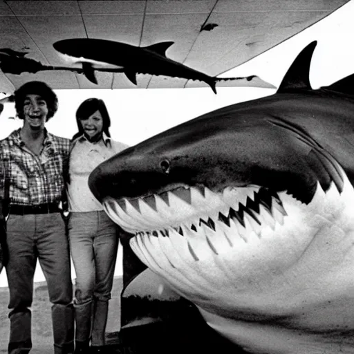 Image similar to marine biologists pose next to megladon shark, caught giant shark, scientists posing, they keep some distance, hanging shark, national geographic photo 1 9 7 0 s, fugifilm