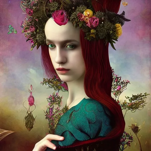 Image similar to a detailed portrait of young woman in renaissance dress and a surreal renaissance headdress, very surreal garden, cyberpunk, surreal tea party, strange creatures, by christian schloe and botticelli, naotto hattori, amy sol, roger dean, moody colors