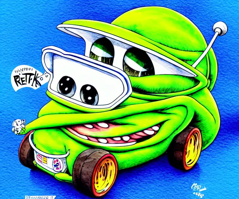 Prompt: cute and funny, cute pepe wearing a helmet riding in a tiny hot rod with oversized engine, ratfink style by ed roth, centered award winning watercolor pen illustration, isometric illustration by chihiro iwasaki, edited by range murata, details by artgerm