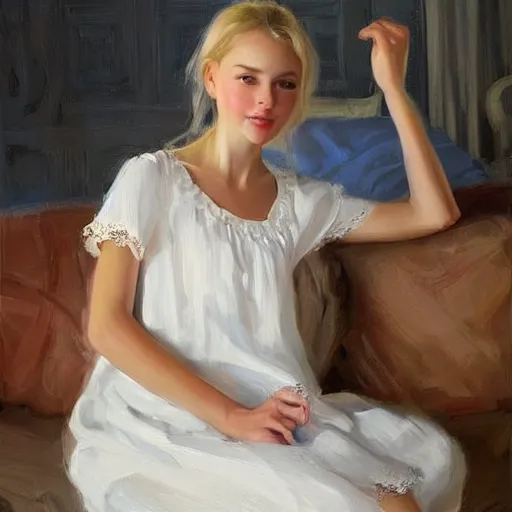 Prompt: Swedish girl in nightgown, painting by Vladimir Volegov,