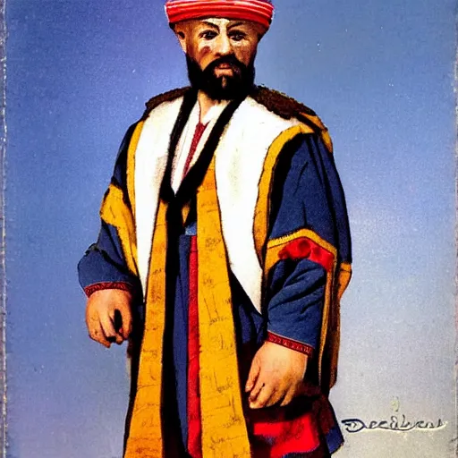 Prompt: buba corelli in traditional bosnian clothing including fez, photorealistic