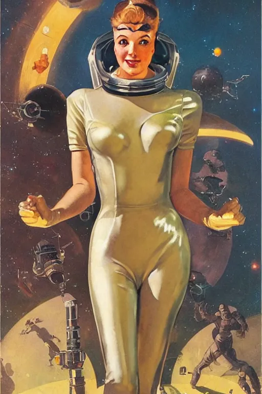 Image similar to 5 0 s pulp scifi fantasy illustration full body portrait elegant woman wearing latex spacesuit in venusian city, by norman rockwell, roberto ferri, daniel gerhartz, jack kirby, earle bergey, ruan jia, jason fabok, tom lovell, alex malveda, dean cornwell, astounding stories, amazing, fantasy, other worlds