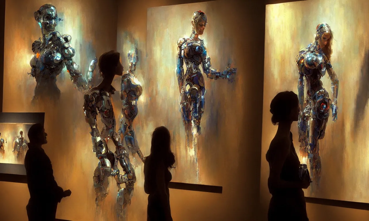 Image similar to photorealistic painting by craig mullins. a cyborg in an art gallery looking at a painting of a beautiful woman staring back at the cyborg. intricate details