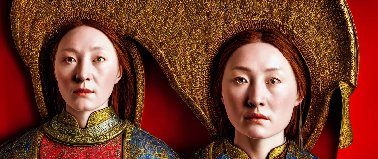 Image similar to hyperrealist highly detailed english medieval portrait of a woman wearing traditional mongolian armor, concept art pascal blanche dramatic studio lighting 8k wide angle shallow depth of field