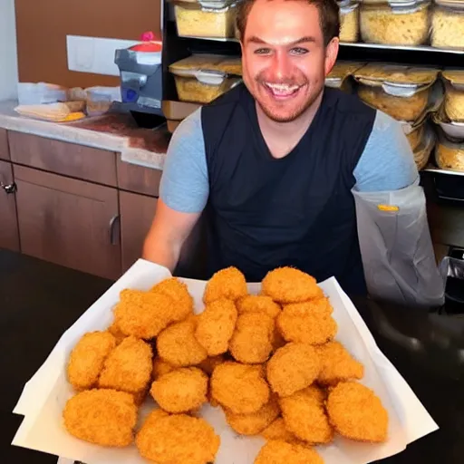 Prompt: happiest man alive looking at chicken nuggets