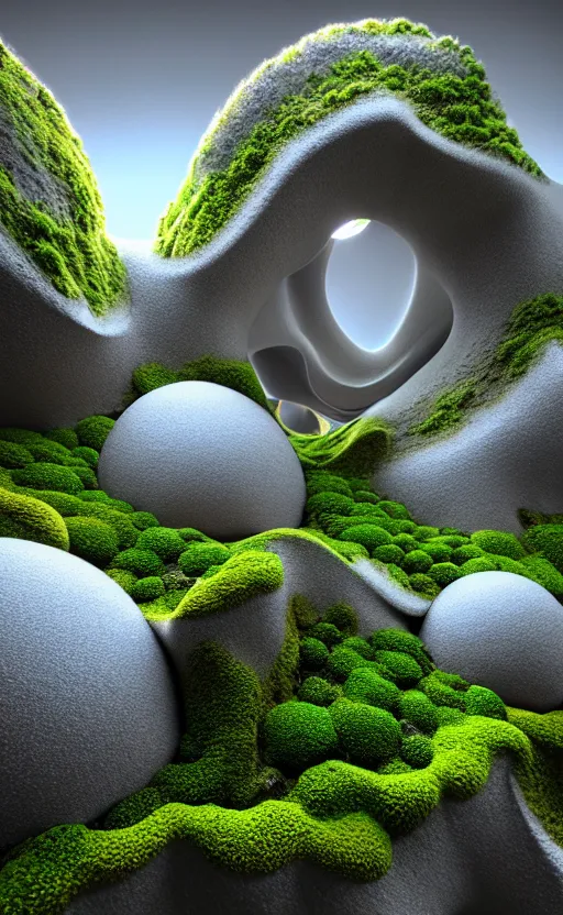 Image similar to highly detailed ultra sharp 3 d render villa cinematic composition of a smooth ceramic porcelain biomorphic magnolia stone nebula fluid fractal sci - fi surreal architecture landscape, granite, metallic, magnesium, marble, moss and lichen, vincent callebaut composition, mamou - mani, archviz, beautiful lighting, 8 k, unreal engine, hdr,