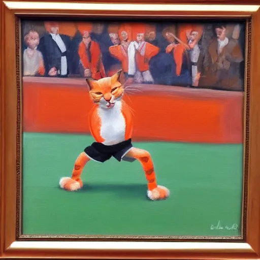 Image similar to Twee katten spelen tafeltennis voor oranje achtergrond, oil painting