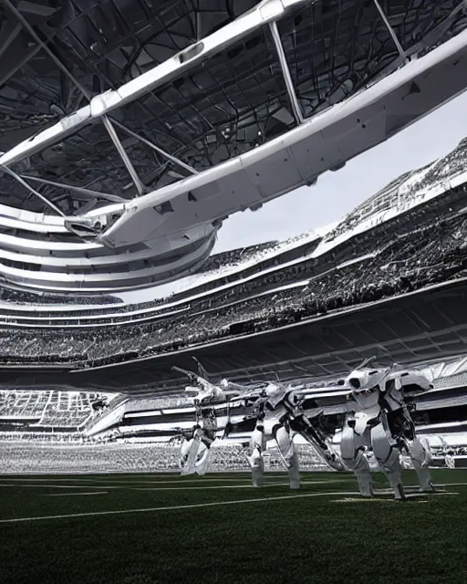 Prompt: a futuristic stadium with a giant black and white gundam on the field, unreal engine, hyper realism, realistic shading, cinematic composition, realistic render, octane render, detailed textures, photorealistic, wide shot