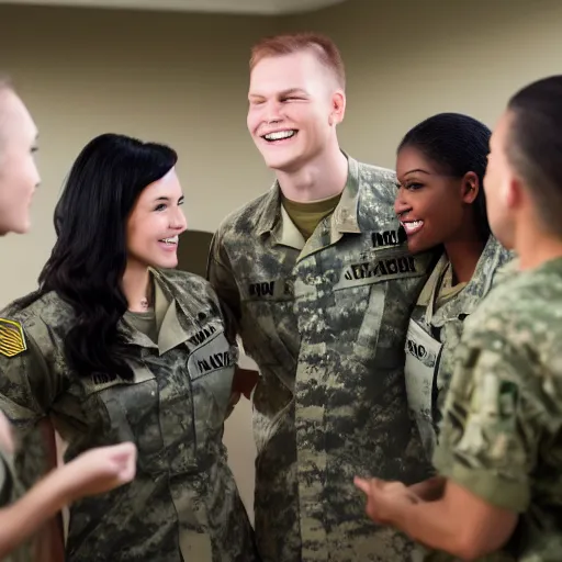 Prompt: attractive woman veteran wearing an army shirt talking with friends