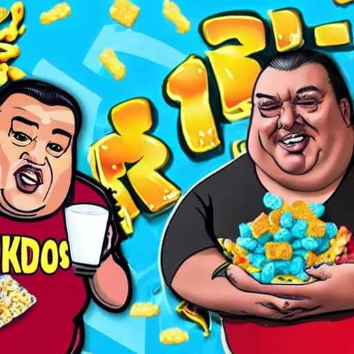 Image similar to obese steven seagal as sponsor of a sugary cereal called aikidos! with hideous cartoon rat mascot