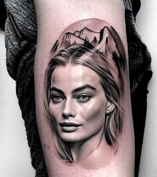 Prompt: creative double exposure effect tattoo design sketch of margot robbie face faded with beautiful mountain scenery, realism tattoo, in the style of matteo pasqualin, amazing detail, sharp