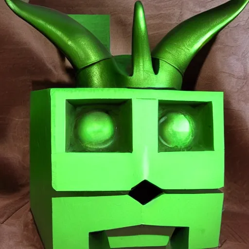 Prompt: green cube with face and horns