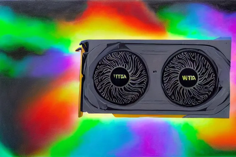 Prompt: a painting by Wayne Thiebaud of an Nvidia GeForce RTX 3090 GPU that has caught on fire, GeForce RTX 3090 on fire, cooling, high specs, ethereal!!!!!!!, by Wayne Thiebaud, neon gradient, nvidia promotional image