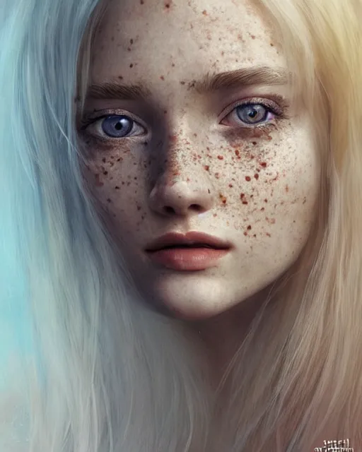 Image similar to portrait of a pretty russian girl, blue eyes, freckles, blonde hair, half korean, au naturel, hyper detailed, digital art, trending in artstation, cinematic lighting, studio quality, smooth render, fluorescent skin, unreal engine 5 rendered, octane rendered, art style by klimt and nixeu and ian sprigger and wlop and krenz cushart