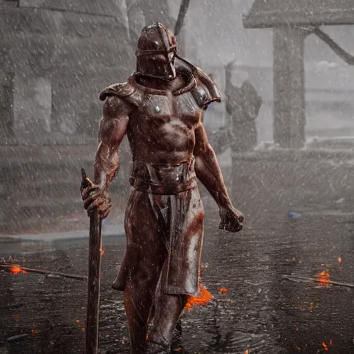 Image similar to one spartan standing in the rain and 100 spears are flying into his direction, award winning, trending on artstation, unreal engine