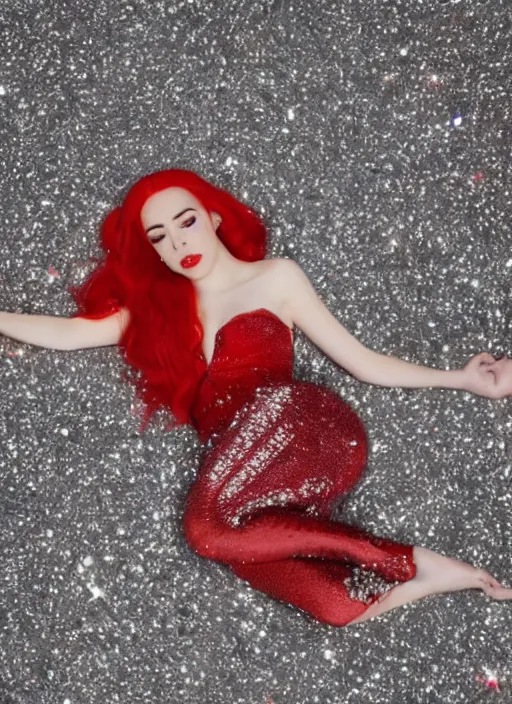 Image similar to ava max bright red hair lying on the floor surrounded by diamonds, canon, highly realistic. high resolution. highly detailed. dramatic. 8 k. 4 k.