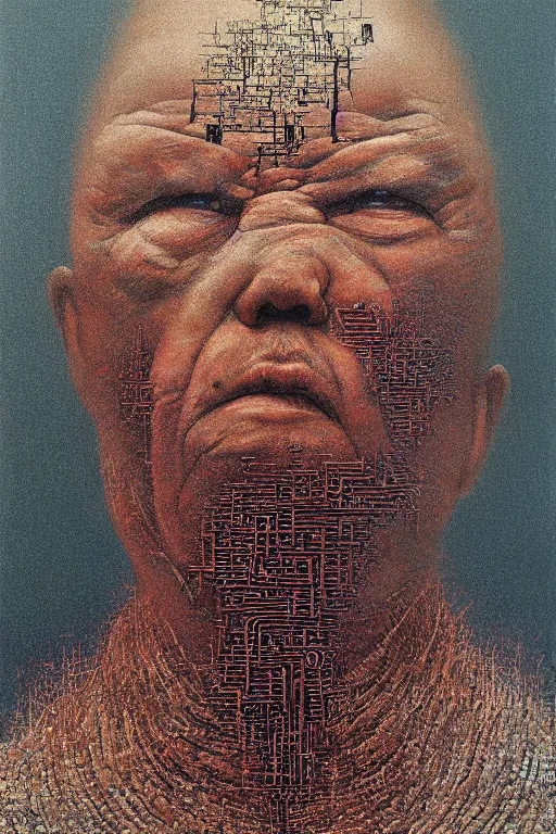 Image similar to ascii art, hyperrealism oil painting, portrait scary ai weiwei style zdzislaw beksinski