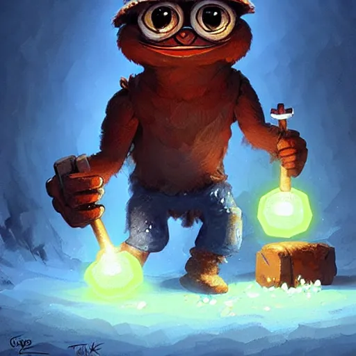 Image similar to pepe the miner with crystals, greg rutkowski, crystals