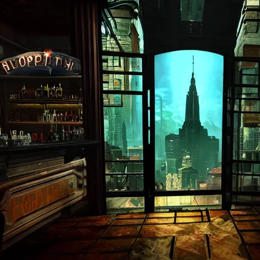 Image similar to In the world of rapture from the world of bioshock you are in a bar, there is a window that lets you see the whole city underwater and you are drinking a rum and coke