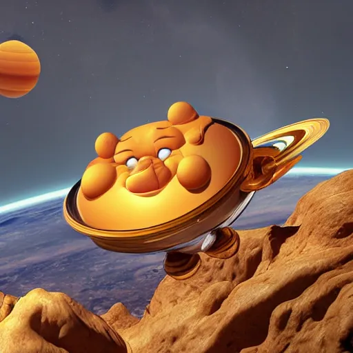 Prompt: Garfield floating in space, eating one of Saturn's rings, matte painting, detailed texture, zbrush, render, 4k