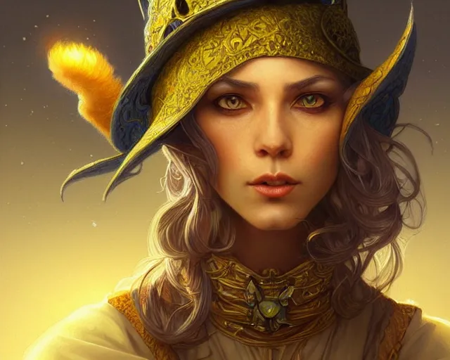 Image similar to a mind - blowing portrait of a cat wizard, yellow wizard hat, deep focus, d & d, fantasy, intricate, elegant, highly detailed, digital painting, artstation, concept art, matte, sharp, illustration, hearthstone, art by artgerm and greg rutkowski and alphonse mucha