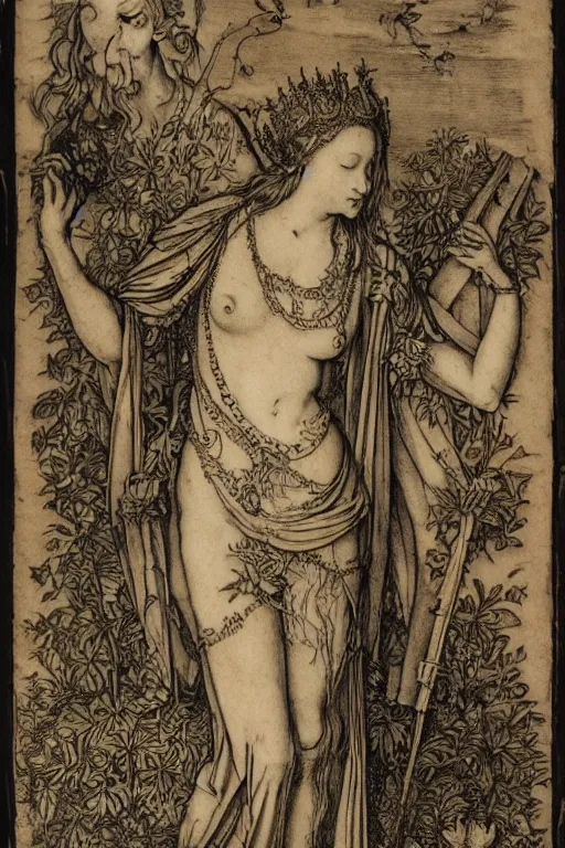 Image similar to albrecht durer, albrecht altdorfer, hans holbein, lucas cranach, gustave dore, engraving-style tattoo of regal female boddhisatva with the attributes of Diana, Athena, Guanyin, Shakti, Deborah, and Seshat, wearing a robe, standing gracefully upon a lotus, surrounded by egrets and wetland flora
