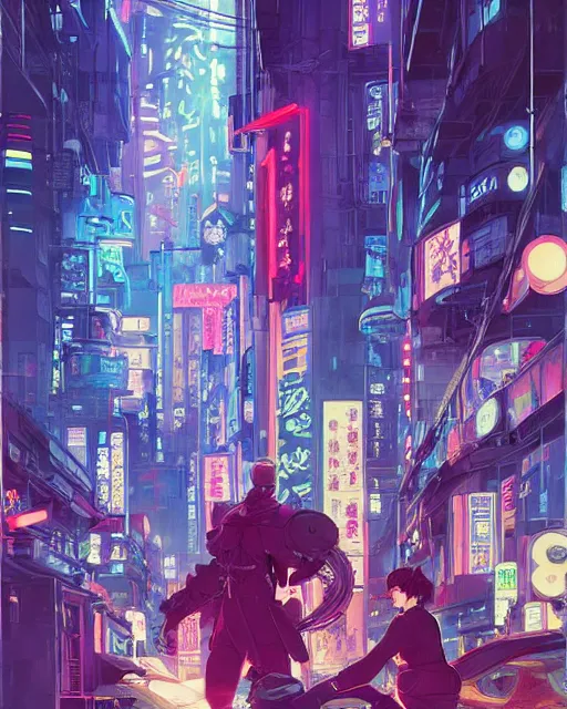 Image similar to cyberpunk neon tokyo in the style of studio ghibli, j. c. leyendecker, greg rutkowski, artem