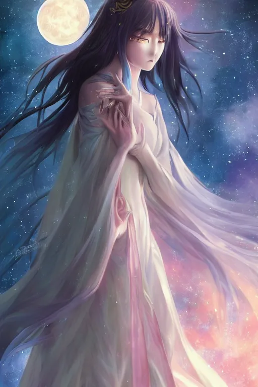 Image similar to anime key visual of a beautiful young moon spirit, wearing the long flowing dress of infinite mystery, intricate, dream realm, stunning, highly detailed, digital painting, artstation, smooth, hard focus, illustration, art by artgerm