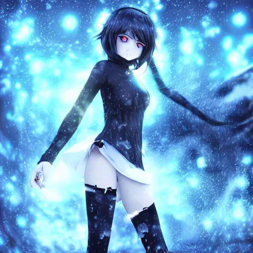 Prompt: photorealistic full body shot of masterpiece angry darkness anime girl, beautifull lovely eyes, electric aura with particles, snowing frozen ice, darkness background, detailed, unreal engine 4 k, volumetric light, fog