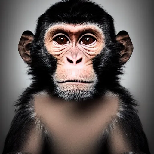 Image similar to high quality portrait of a monkey wearing black suit, studio photograph, photograph, realistic photo, 8k photo, 4k photo, stock photo, high resolution, cinematic shot, high detail