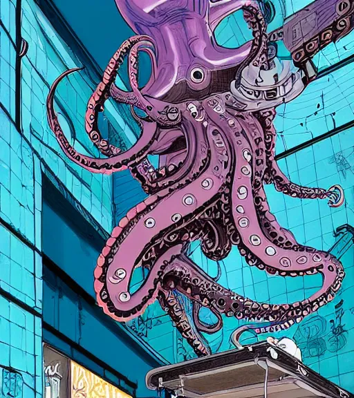 Image similar to a cybernetic octopus in a floating podium, techwear, Industrial Scifi, detailed illustration, character portrait, graffiti art by Martin Grip and Moebius