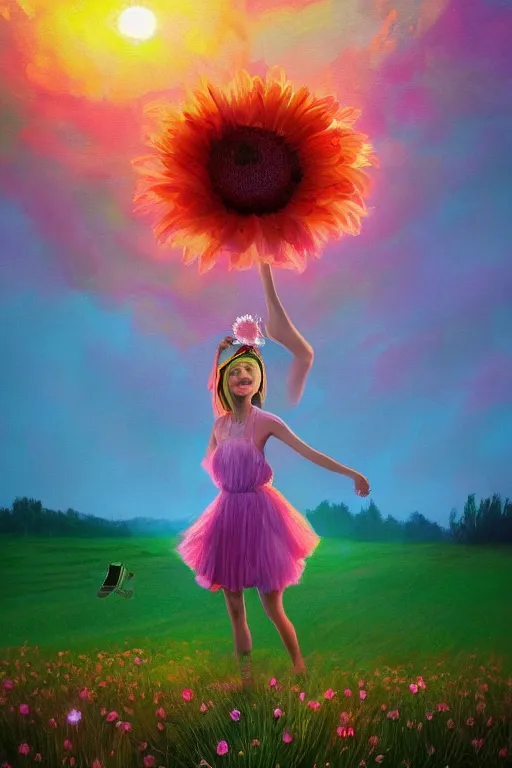 Image similar to giant daisy flower as head, girl dancing in a flower field, surreal photography, sunrise, dramatic light, impressionist painting, colorful clouds, digital painting, artstation, simon stalenhag