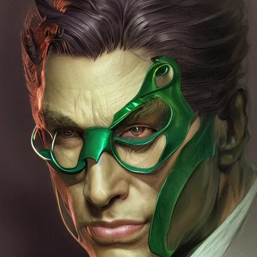 Prompt: the riddler closeup, d & d, intricate, elegant, highly detailed, digital painting, artstation, concept art, matte, sharp focus, illustration, art by artgerm and greg rutkowski and alphonse mucha