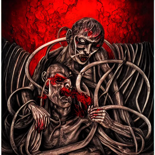 Image similar to alexandr abdulov, hell, pain, gate, cry, red eyes