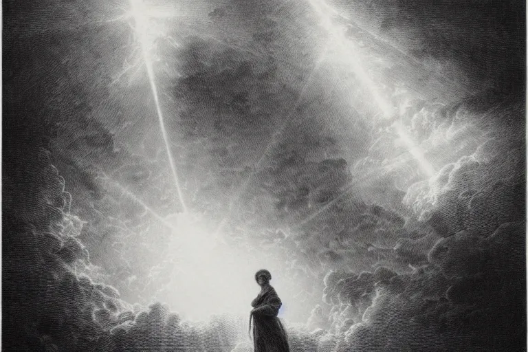 Image similar to black and white, young french woman illuminated by a beam of light through detailed clouds, Gustave Dore lithography