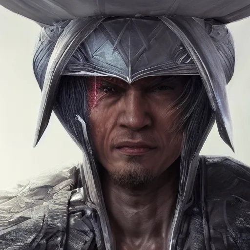 Image similar to hyper realistic, highly detailed hybrid of raiden from mortal kombat, and raiden from metal gear solid wearing a conical rice hat. unreal engine, greg rutkowski, beeple global illumination, translucent, sub - surface scattering,