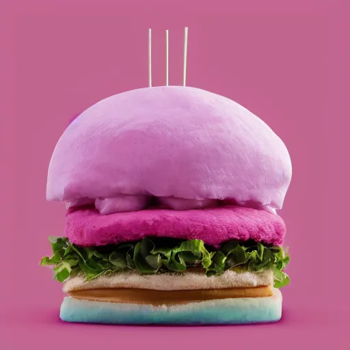 Image similar to a cotton candy burger. cyan and pink.